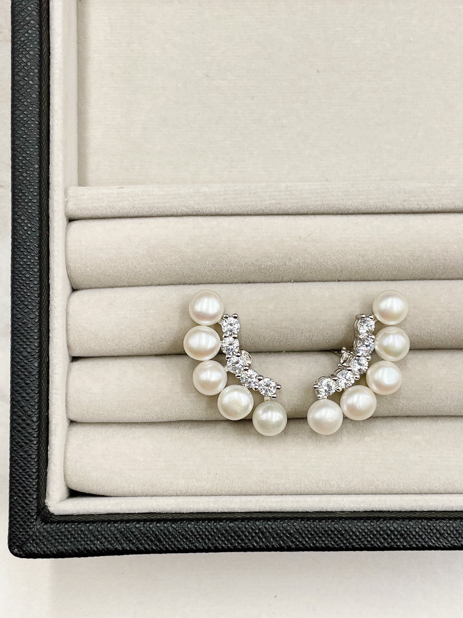 Freshwater Pearl, CZ + 925 Sterling Silver Climber Stud Earrings