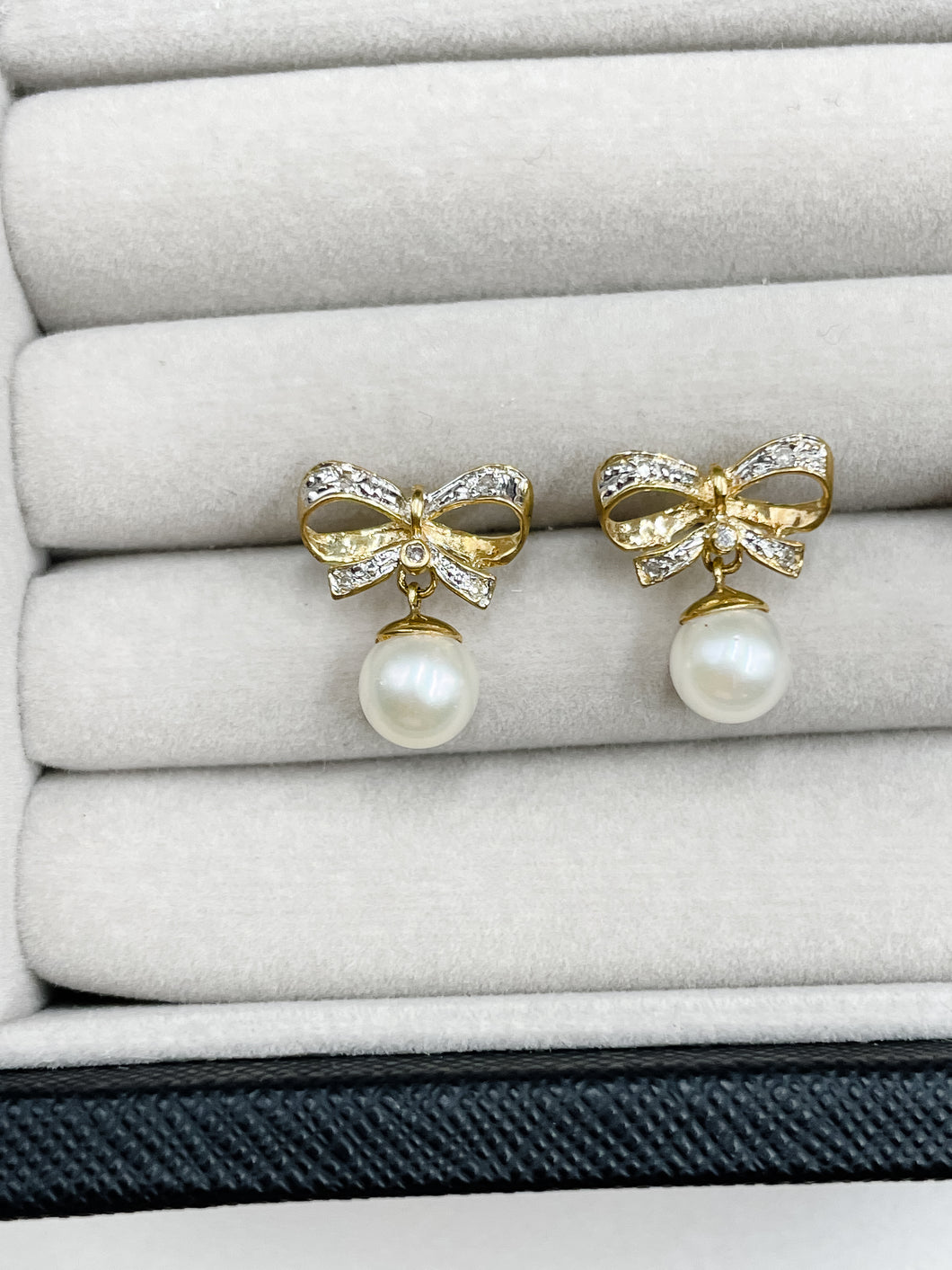 Vintage 14k Gold Diamond + Pearl Bow Drop Earrings