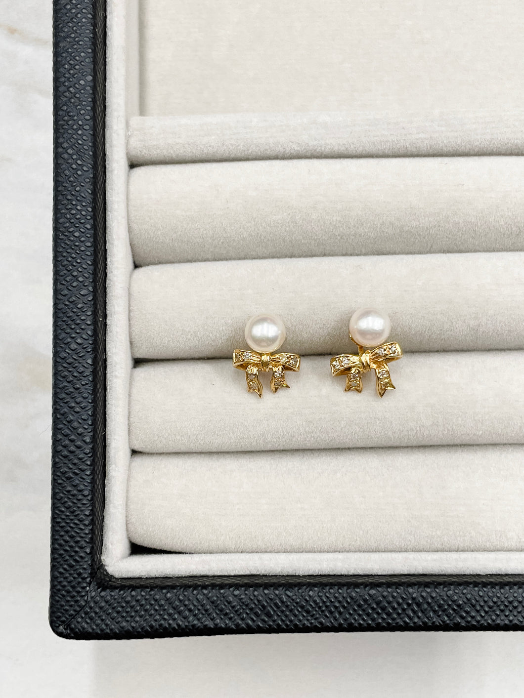 Vintage 14k Gold Pearl + Diamond Bow Earrings