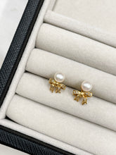Load image into Gallery viewer, Vintage 14k Gold Pearl + Diamond Bow Earrings
