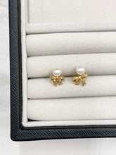 Load image into Gallery viewer, Vintage 14k Gold Pearl + Diamond Bow Earrings
