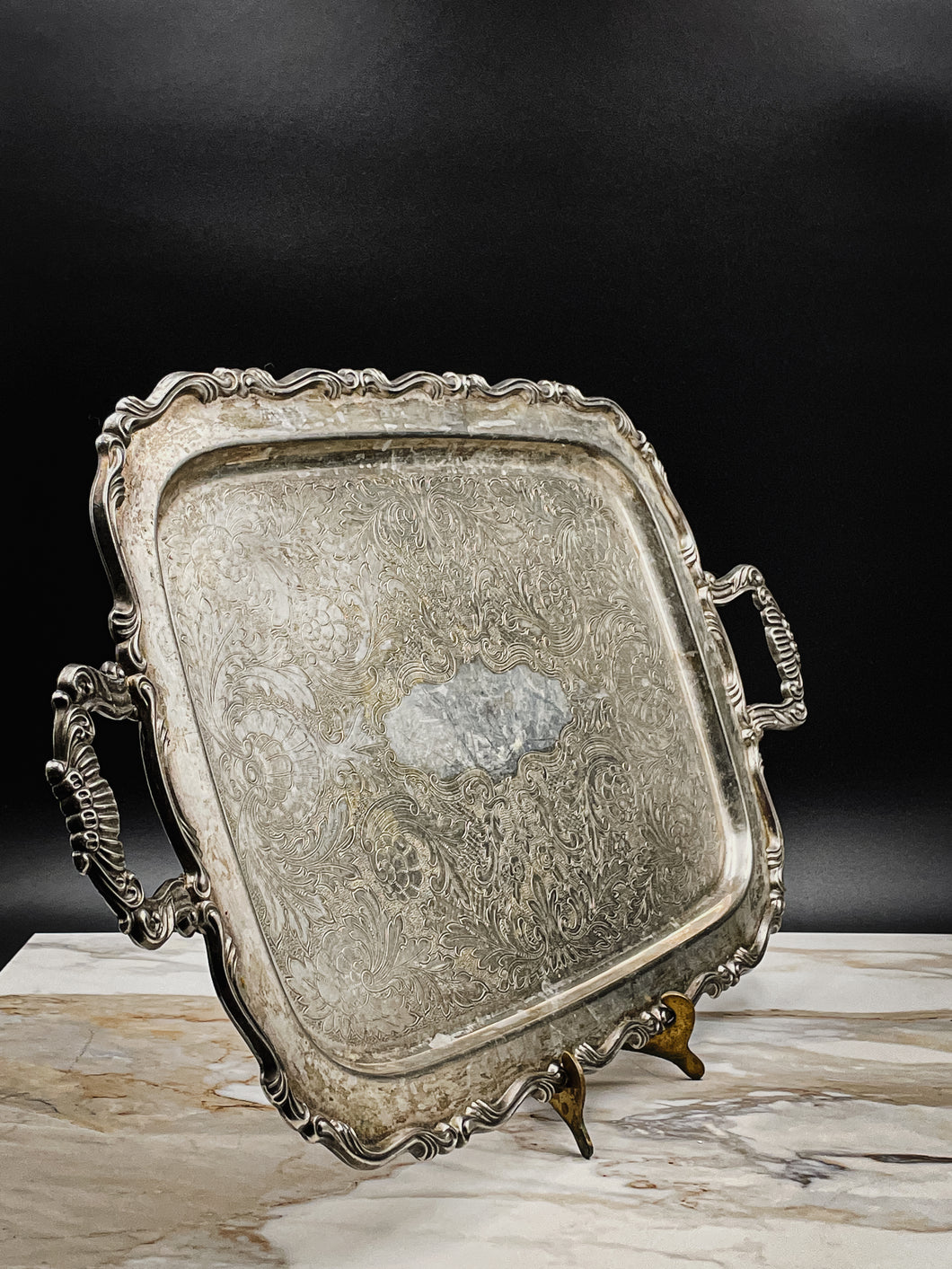 Vintage Ornate Footed + Handled Tray