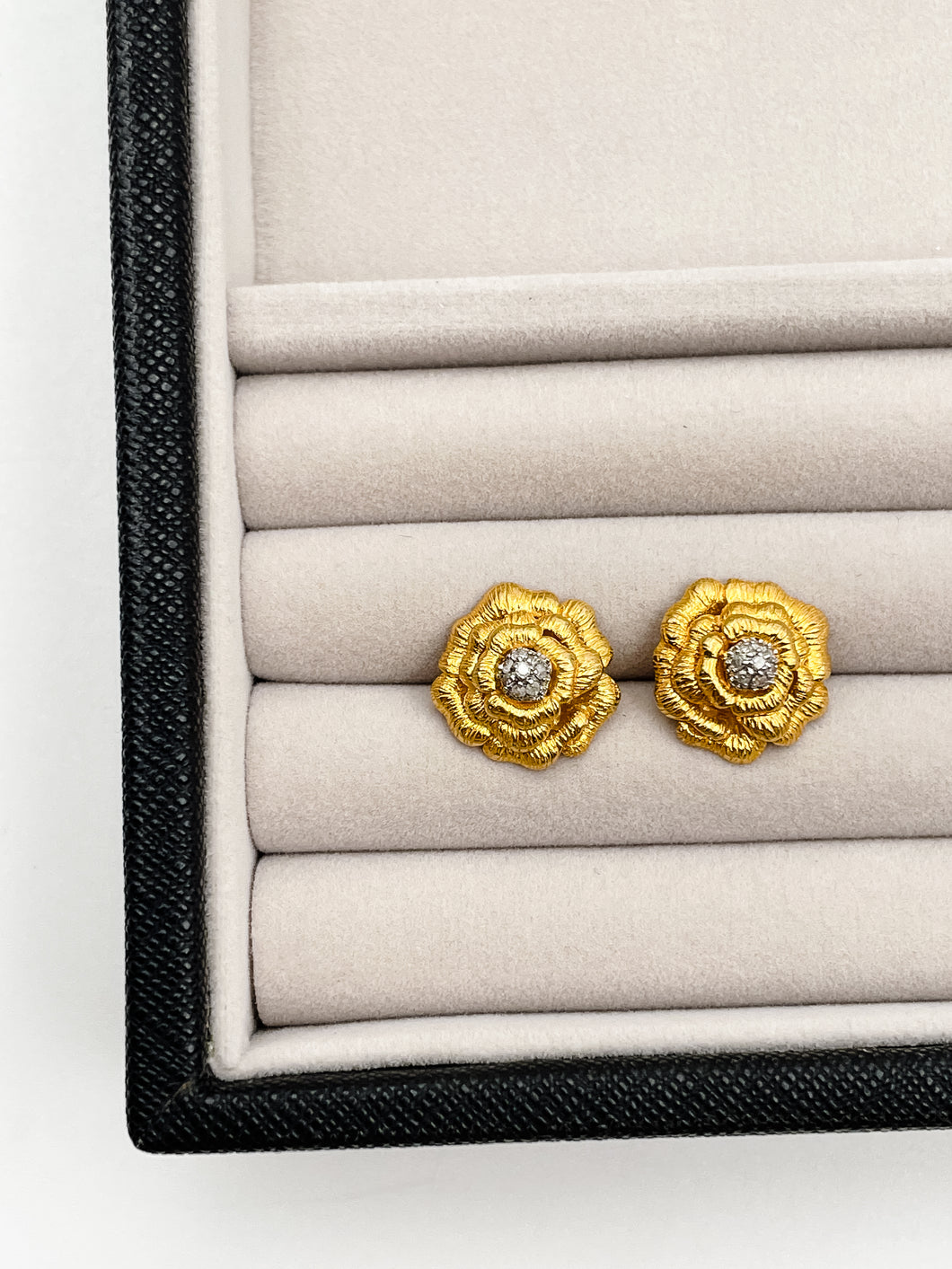 Vintage Gold Plated over Sterling Silver + Diamond Rosette Earrings