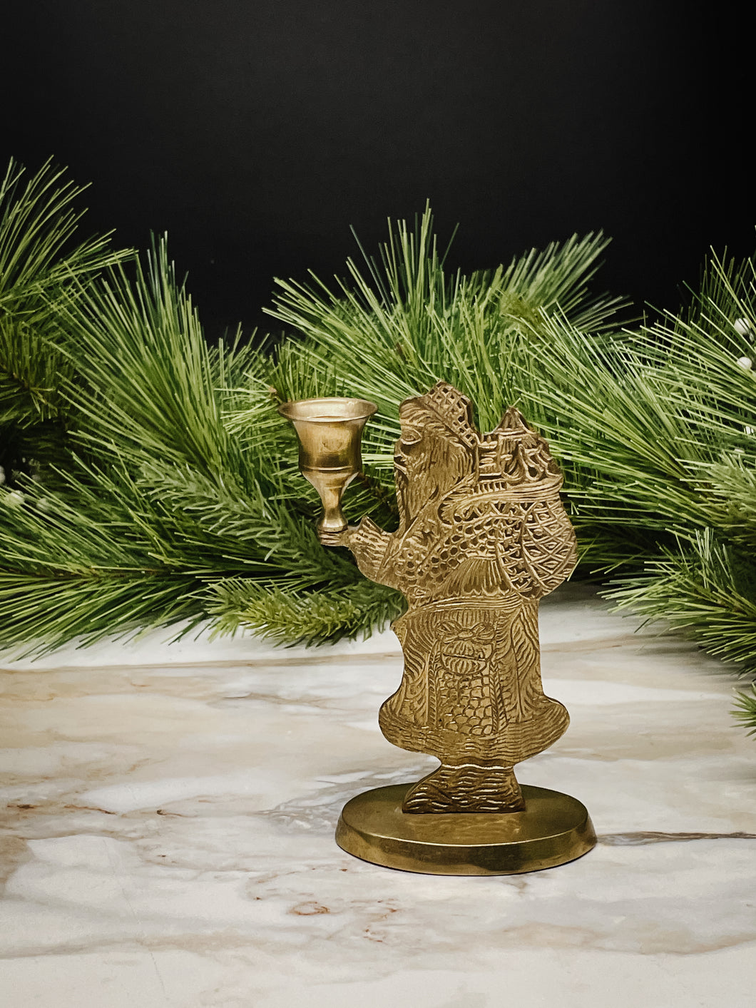 Vintage Solid Brass Santa Candlestick Holder