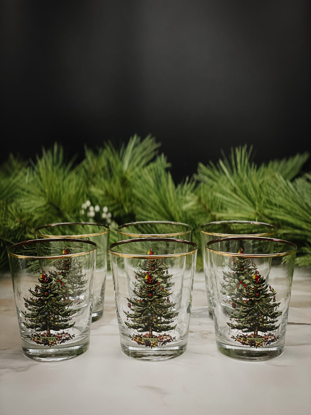 Vintage, Set of 6, Spode Gold Rimmed Double Old Fashioned Christmas Glasses